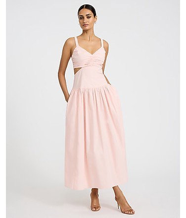 Cotton Poplin Cutout Drop Waist Smocked Back Maxi Dress with Pockets