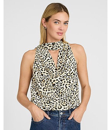 Leopard Cowl Neck Scarf Draped Top