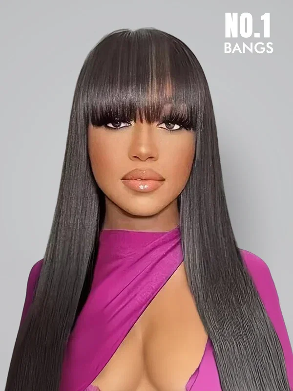 Wavymy Glueless Straight Wig With Bangs Human Hair Machine Made 180% Density