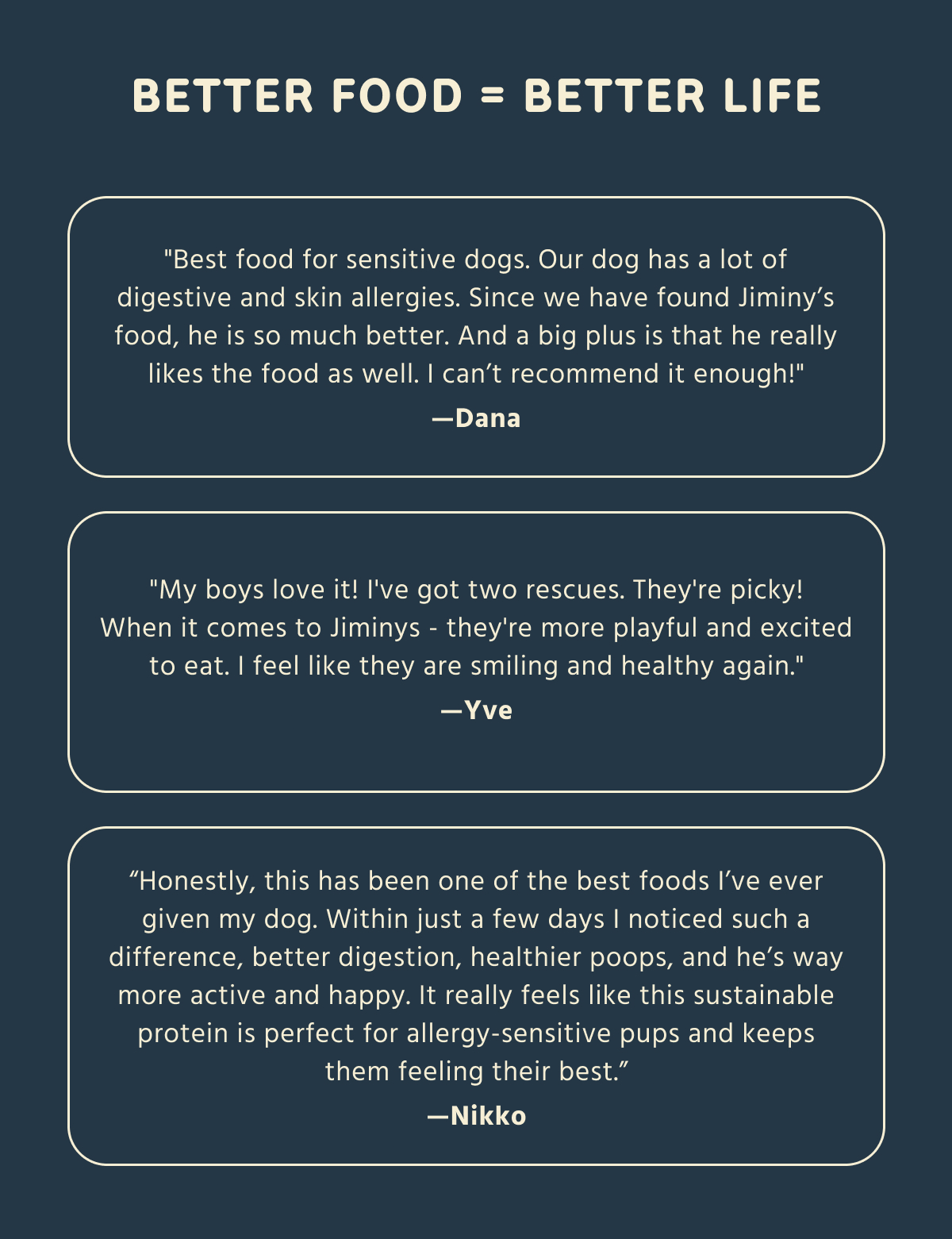 BETTER FOOD = BETTER LIFE    "Best food for sensitive dogs. Our dog has a lot of digestive and skin allergies. Since we have found Jiminy's food, he is so much better. And a big plus is that he really likes the food as well. I can't recommend it enough!"   — Dana    "My boys love it! I've got two rescues. They're picky! When it comes to Jiminys - they're more playful and excited to eat. I feel like they are smiling and healthy again."   — Yve    "Honestly, this has been one of the best foods I've ever given my dog. Within just a few days I noticed such a difference, better digestion, healthier poops, and he's way more active and happy. It really feels like this sustainable protein is perfect for allergy-sensitive pups and keeps them feeling their best."   — Nikko  