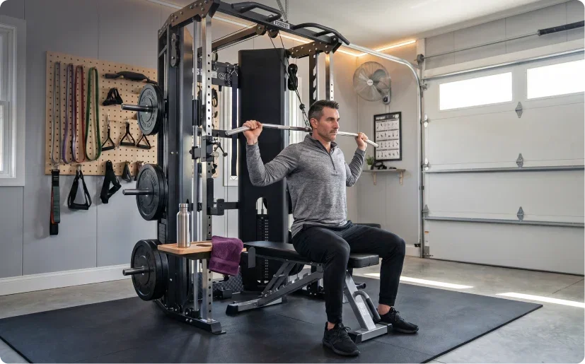 Man doing seated pulldowns on Force USA All-In-One Trainer in home garage