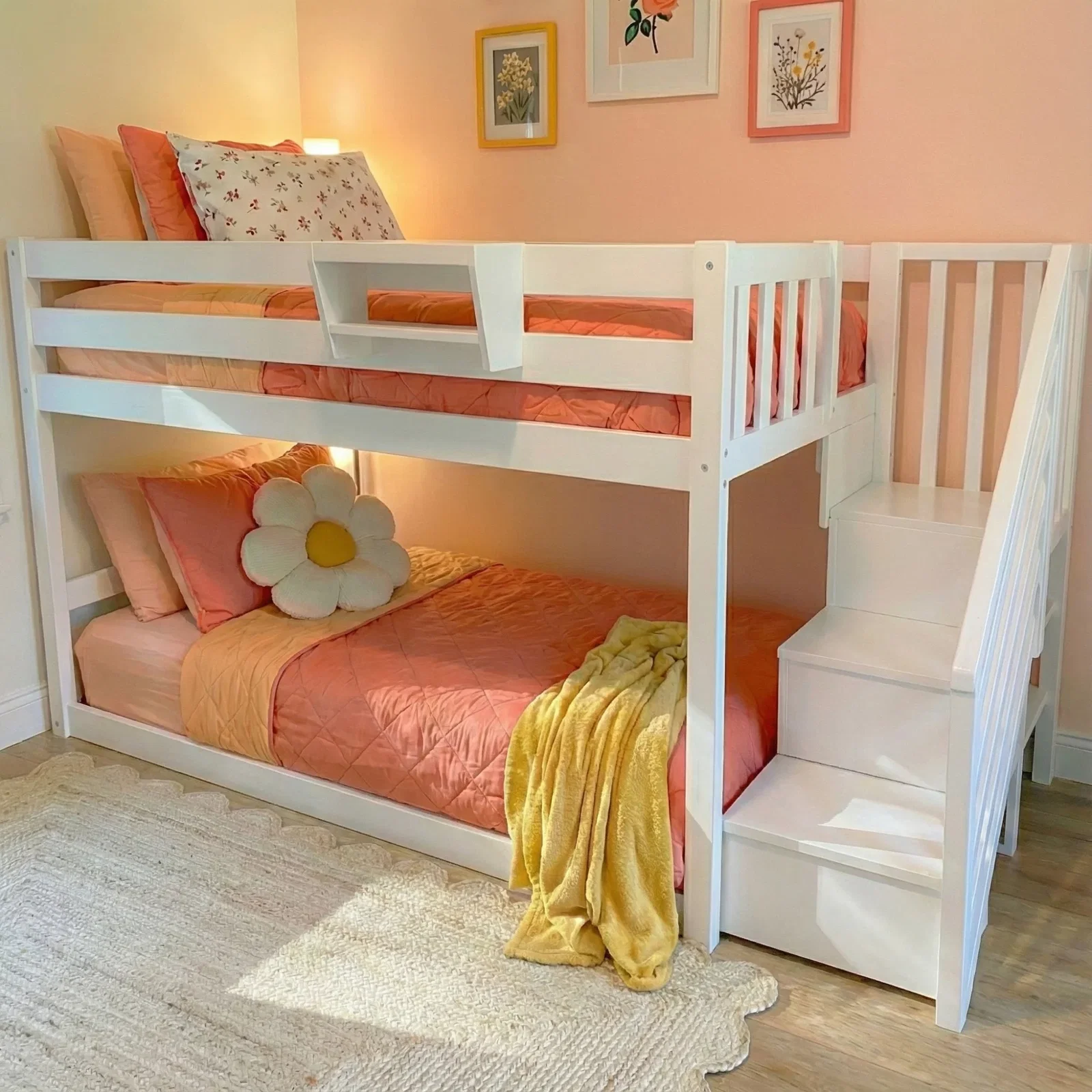 Image of Twin Over Twin Low Bunk Bed With Stairs