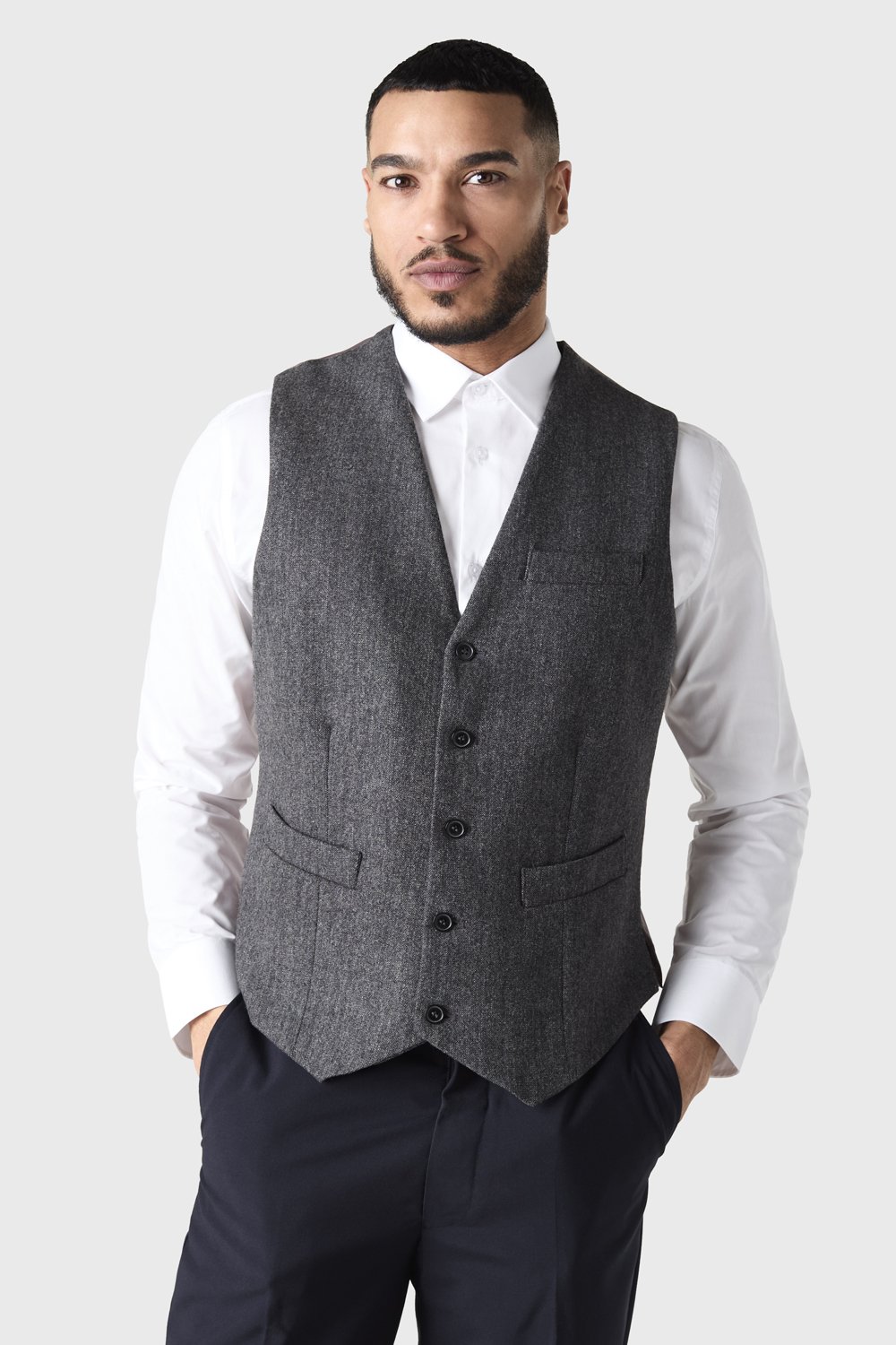 Image of Simon Jersey Men's Herringbone Tweed Waistcoat, Grey
