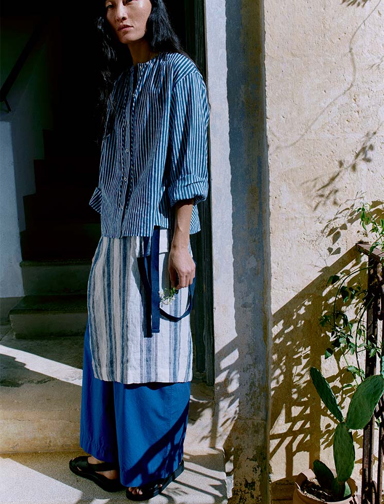 Natural Dye Stripe Cotton Gathered Top