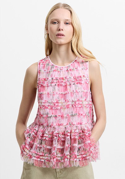 Vanessa Mesh Ruffle Pink Floral Peplum Top