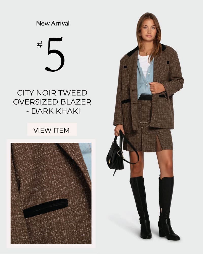 City Noir Tweed Oversized Blazer - Dark Khaki