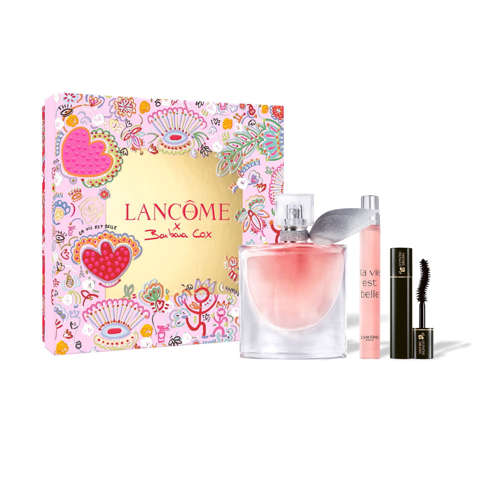 Cofanetto regalo La Vie Est Belle in edizione limitata disegnato da Barbara Cox, con profumo, travel spray e mascara.