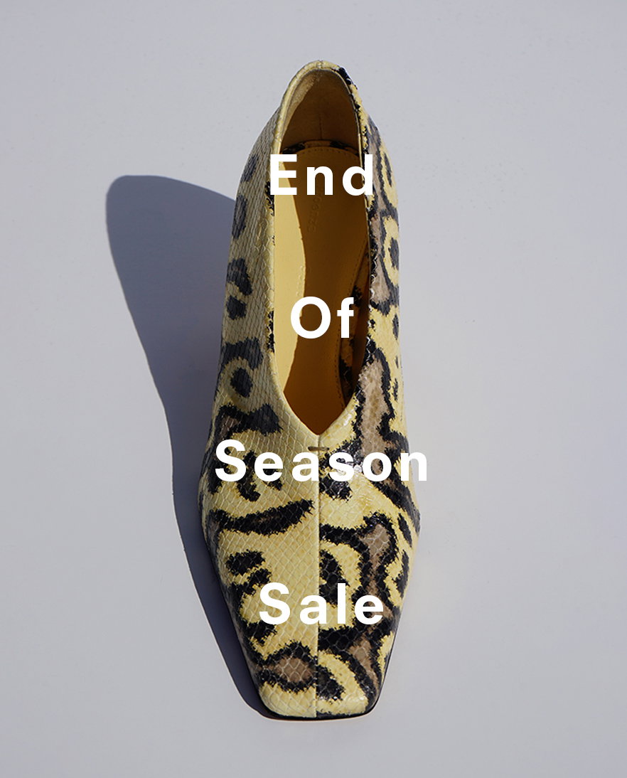 Still Life image of Trap Pumps in Embossed Python in Resin Multi with text End of Season Sale Laid over.