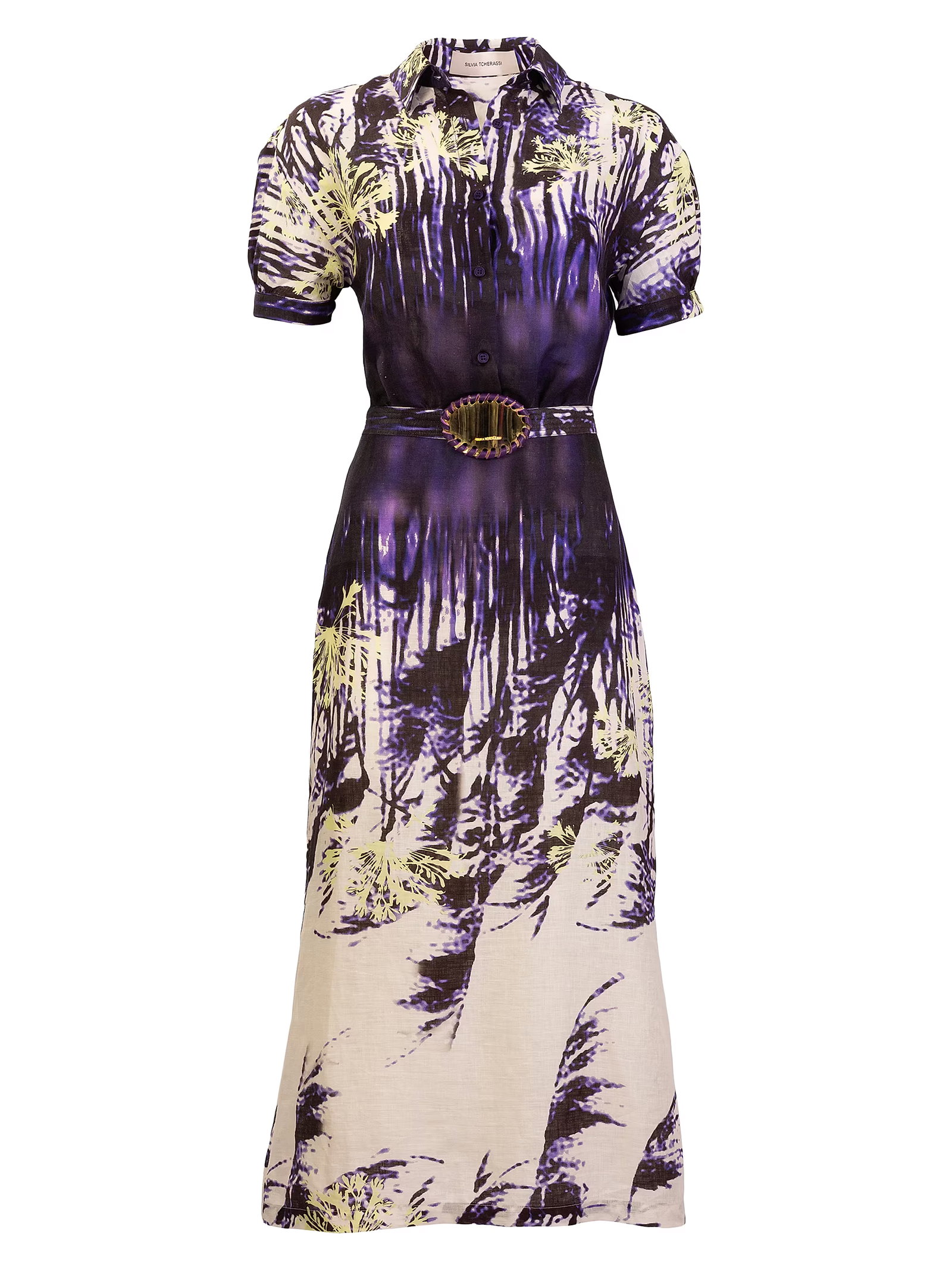 Silvia Tcherassi Lee Palm-Print Linen Midi-Shirtdress