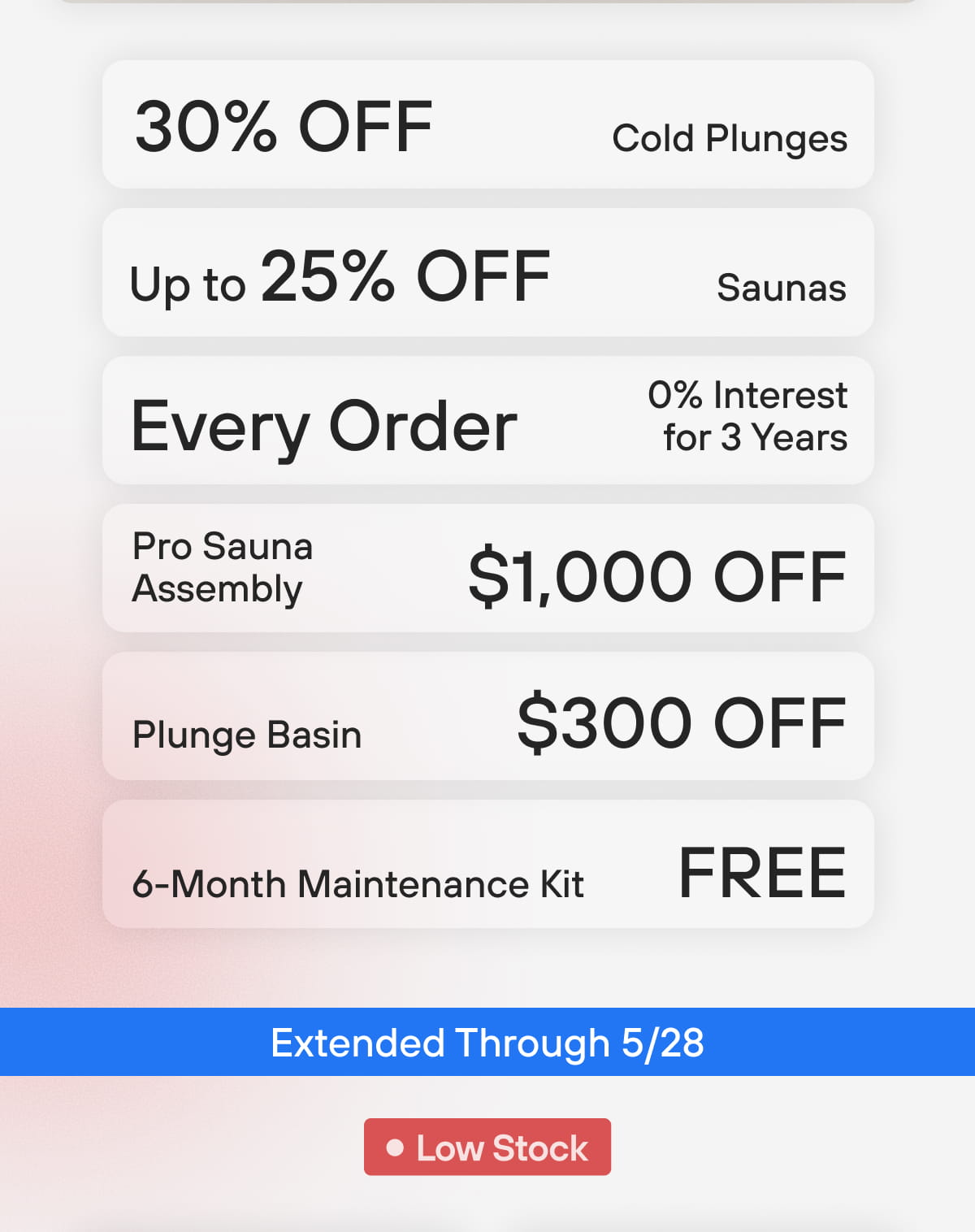 30% OFF Cold Plunges | Up to 25% OFF Saunas | Every Order 0% Interest for 3 Years 