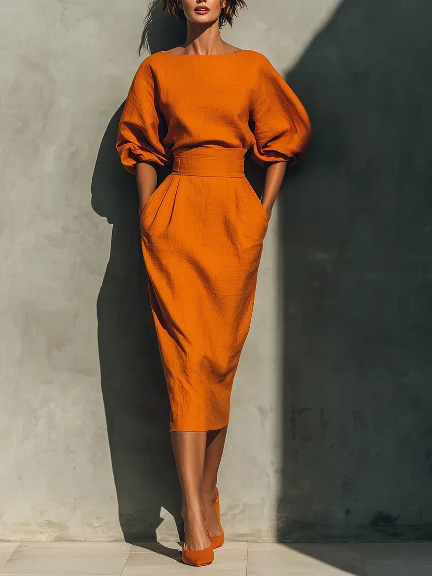 Image of Cotton Elegant Plain Crew Neck Midi Dress