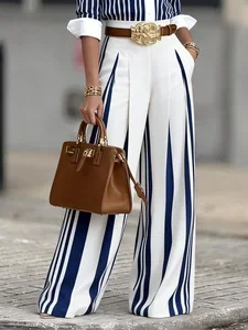 Image of Urban Striped Straight Pants H-Line Natural Commuting Trousers