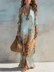 Image of Casual Random Print Printing Shirt Collar Maxi Dress