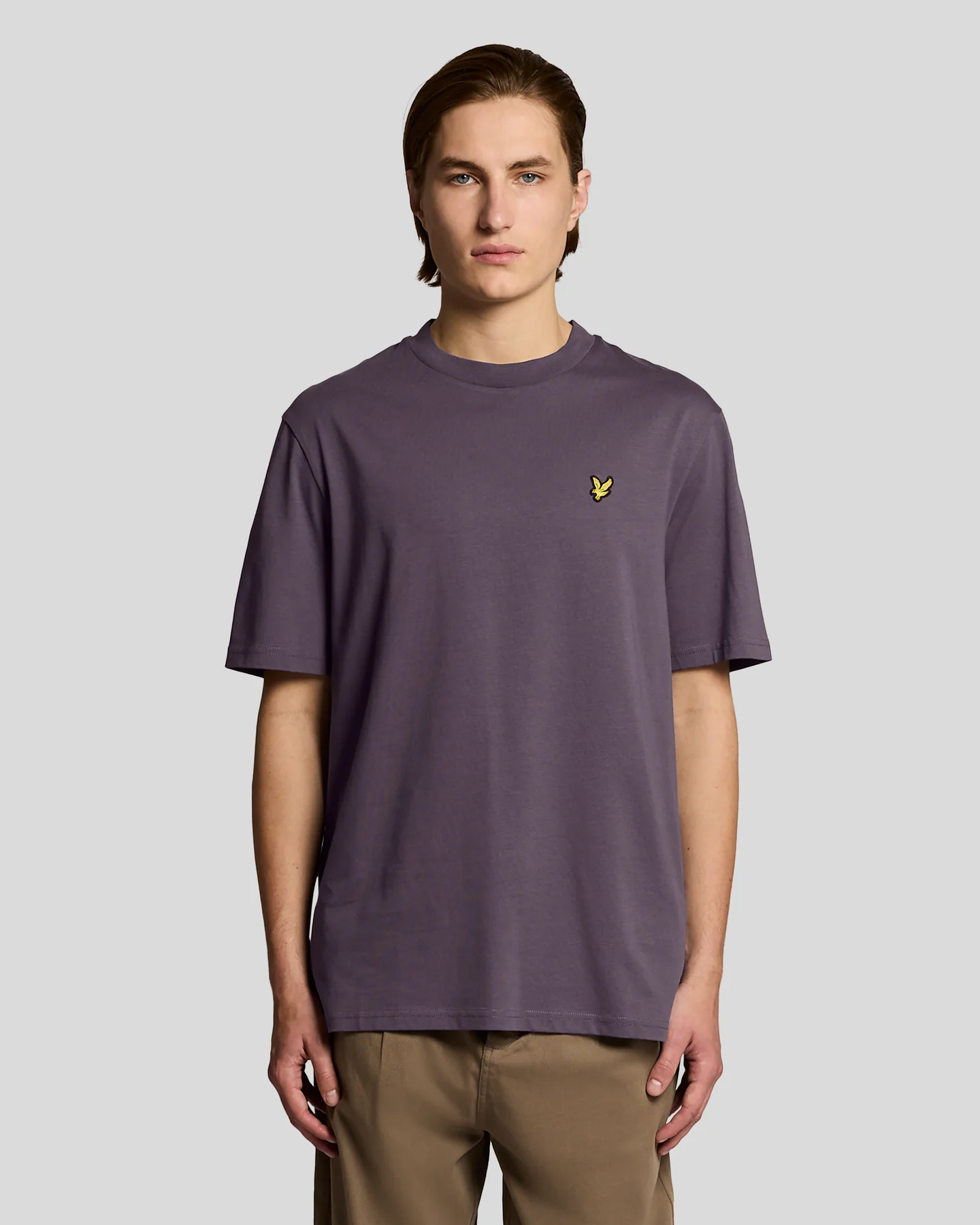 Model wears oversized crew neck t-shirt in Graystone