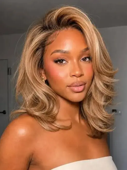Glueless Ombre Blonde Layered Cut Wavy Wig Lace Front Human Hair Wigs