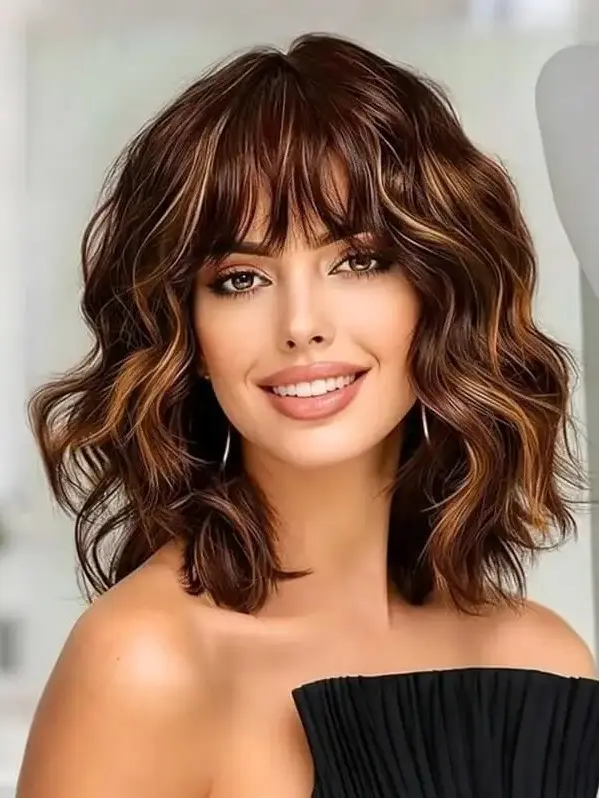 Brown Highlights Balayage Short Body Wave Wig Bob Wigs With Bangs Glueless Wear And Go Shoulder Length Human Hair Wigs