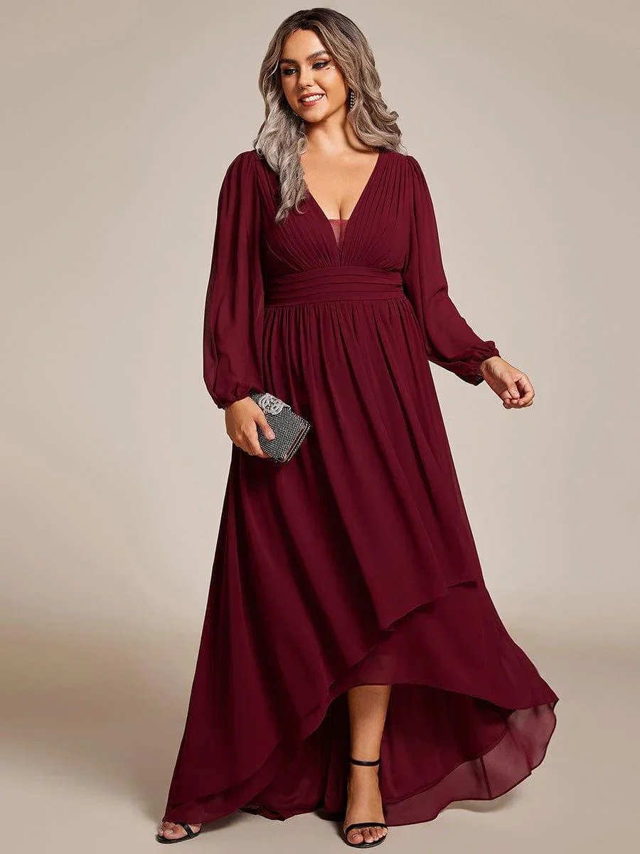 Image of pretty GRIFFIN|Plus Size V-Neck Long Lantern Sleeves A-Line Chiffon Bridesmaid Dress