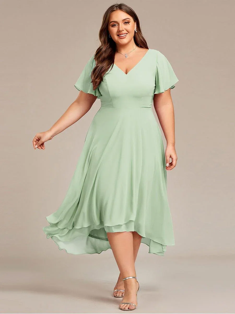 Image of pretty AALIA|Plus Size Flowing Chiffon V-Neck Ruffle Sleeves Wedding Guest Dress