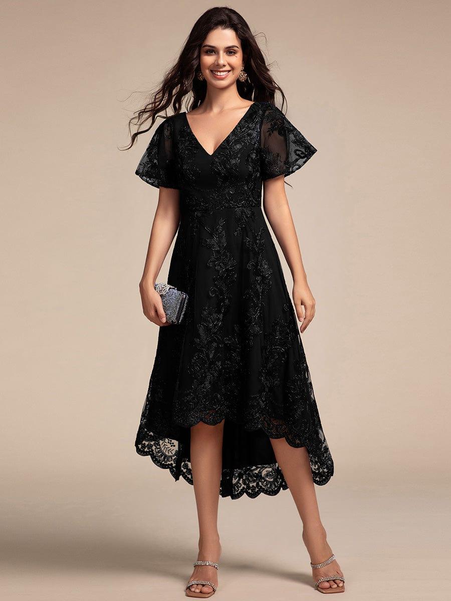 Image of ever TIDAL|Embroidered Mesh Double V-Neck Short Sleeves Midi Wedding Guest Dress