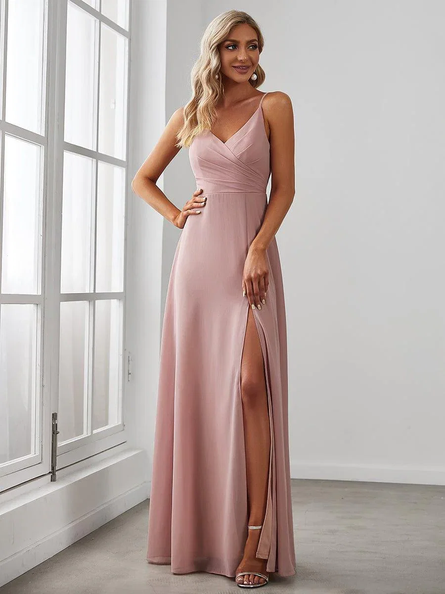 Image of ever RENÉ|Pleated V-Neck Spaghetti Strap High Slit Bridesmaid Dress
