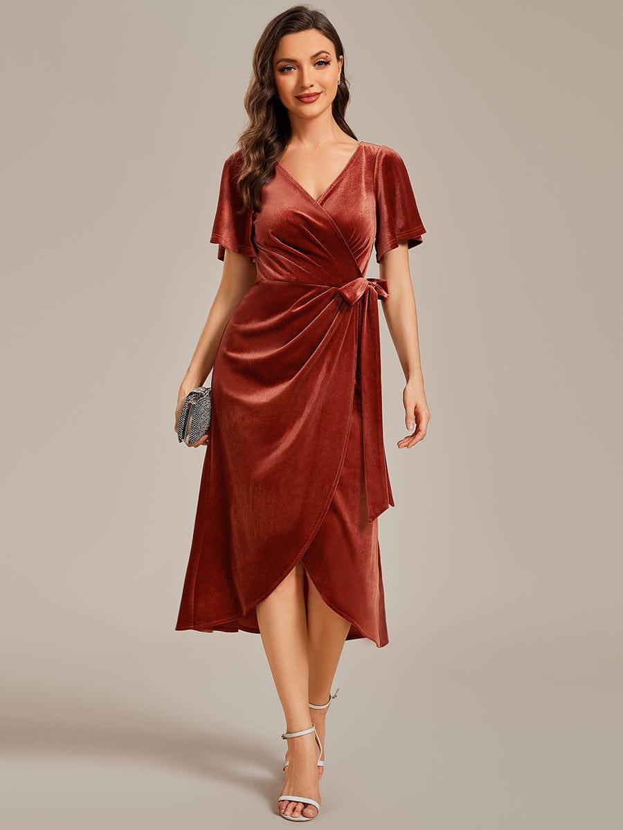 Image of ever LENNA|One-Piece Type Short Sleeves V-Neck Velvet Midi Wedding Guest Dress