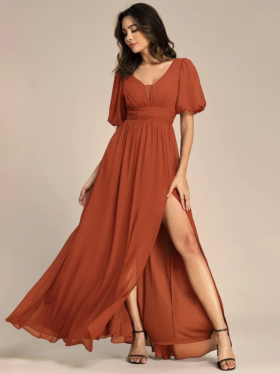 Image of ever MADISON|Chiffon Illusion V-Neck Flutter Sleeve Front Slit Evening Dress