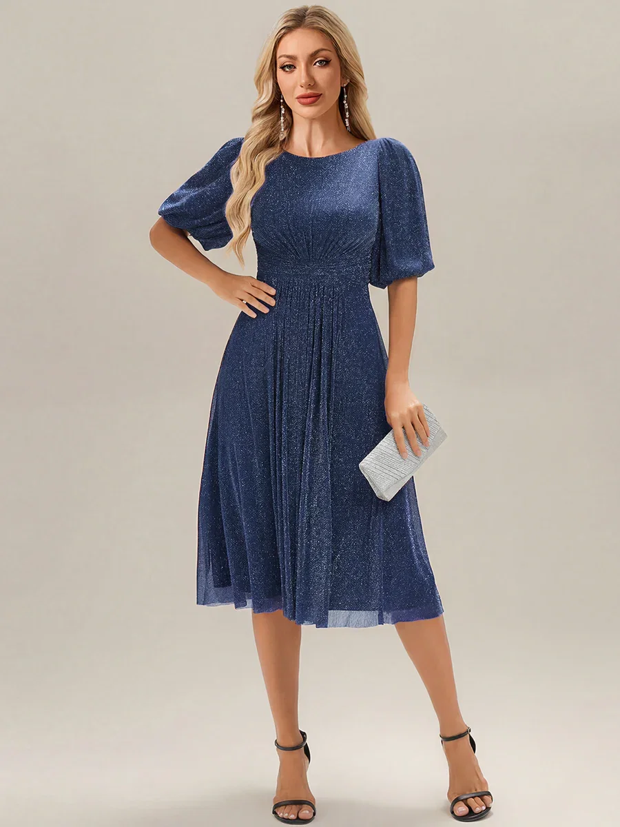 Image of ever MARIS|Shimmery Lantern Sleeve A-Line Wedding Guest Dress