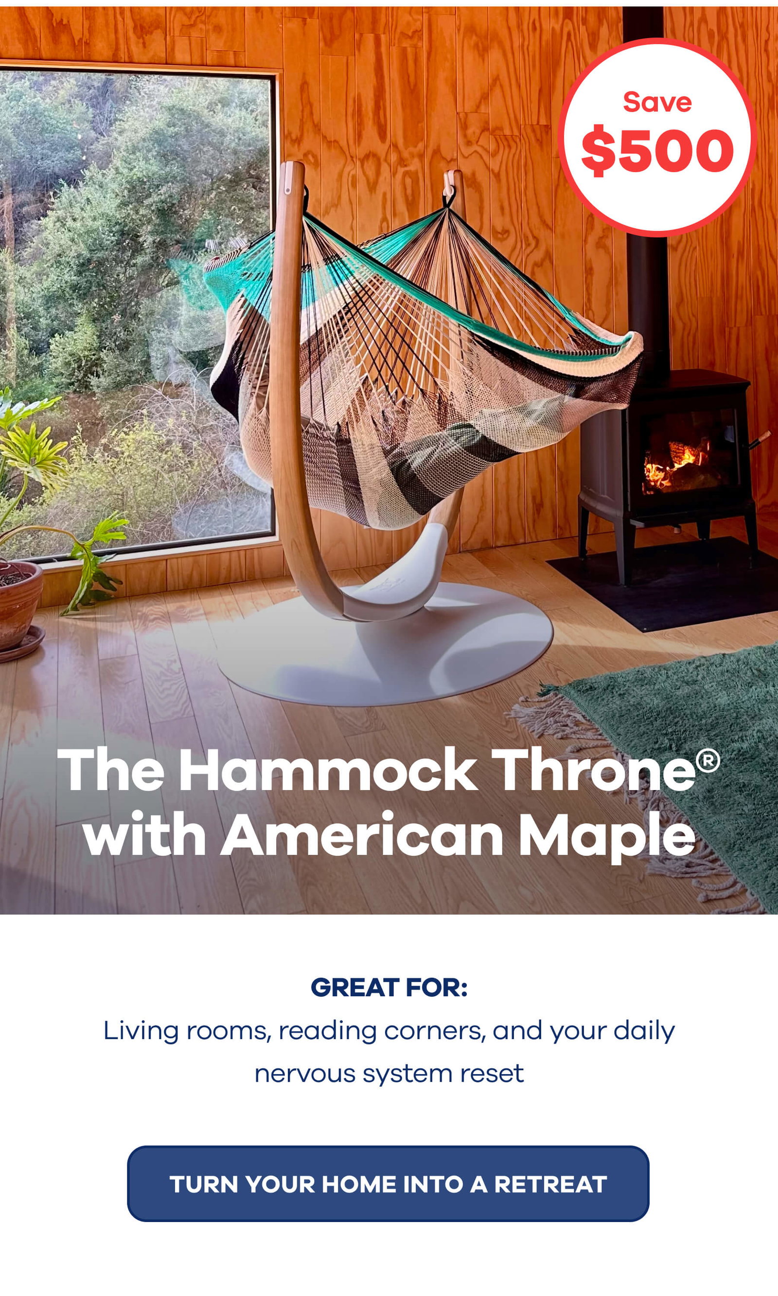 The Hammock Throne® with American Maple >>Badge: $500 OFF<< Great for: Living rooms, reading corners, and your daily nervous system reset  TURN YOUR HOME INTO A RETREAT