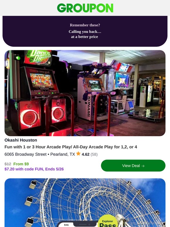 Fun with 1 or 3 Hour Arcade Play/ All-Day Arcade Play for 1,2, or 4 - Promo Code savings inside. Check it out.