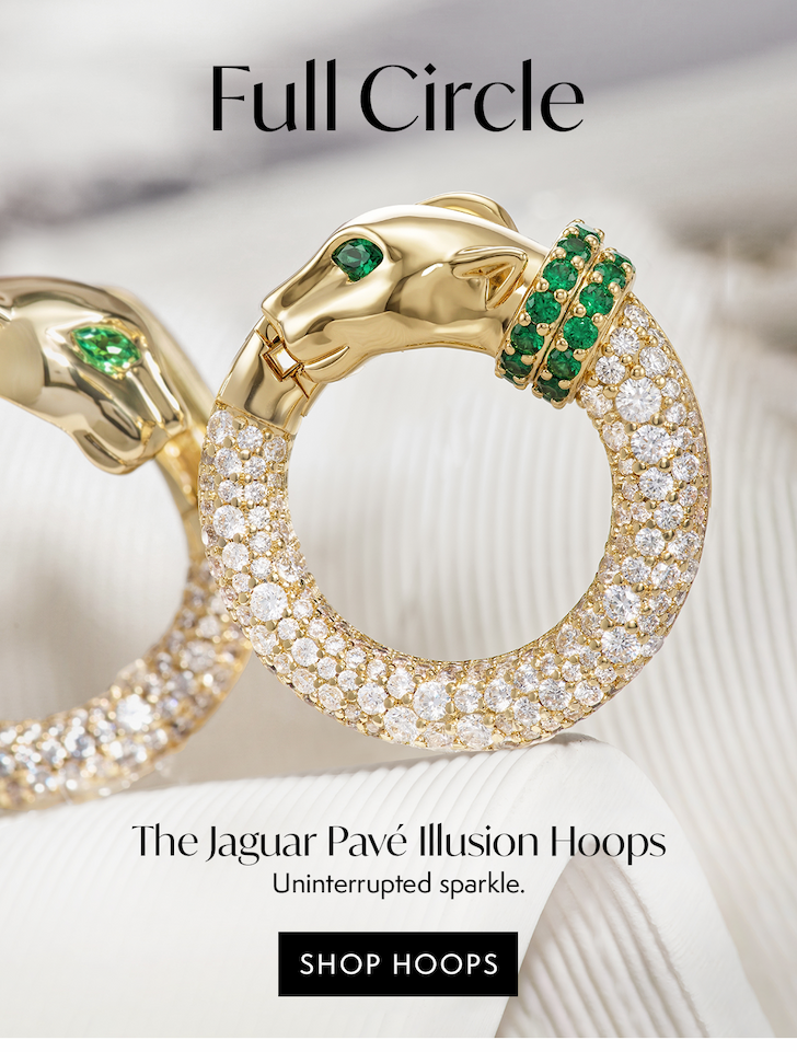 Full Circle. The Jaguar Pavé Illusion Hoops—continuous pavé, uninterrupted sparkle, and emerald accents that add depth exactly where you least expect it.
