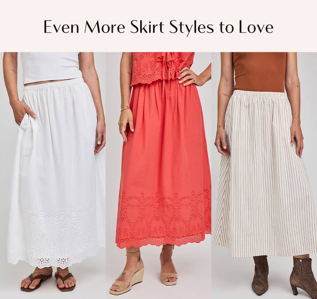 Collage featuring three different maxi skirt styles, including white embroidered, coral eyelet, and striped designs, with text reading “Even More Skirt Styles to Love.”