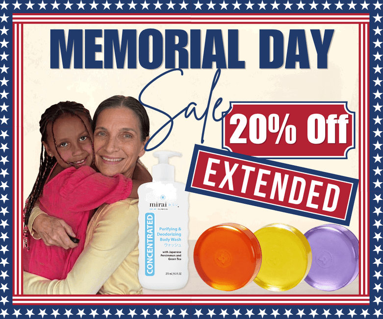 A woman is hugging a young girl with her eyes closed and smiling. Behind them, text reads "MEMORIAL DAY Sale 20% Off EXTENDED". To the right are three round soaps in orange, yellow, and purple, and a bottle of Mirai Clinical Purifying & Deodorizing Body Wash. (square)