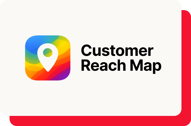 Off-white rounded card featuring the Customer Reach Map app icon — a colorful gradient map pin on a rainbow background — with the feature name in bold black, and a red shadow offset to the bottom right.