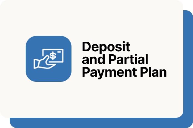 Off-white rounded card featuring a blue rounded-square icon with a white outlined hand holding a dollar bill, with the text Deposit and Partial Payment Plan in bold black, and a matching steel blue shadow offset to the bottom right.