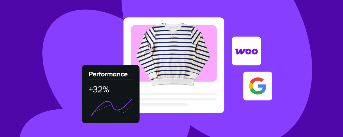 Promotional banner on a deep purple background featuring a white product card with a navy-striped sweatshirt on a pink background, a dark charcoal performance stats card showing Performance +32% with a purple trend line, and WooCommerce and Google logos on white rounded cards to the right.