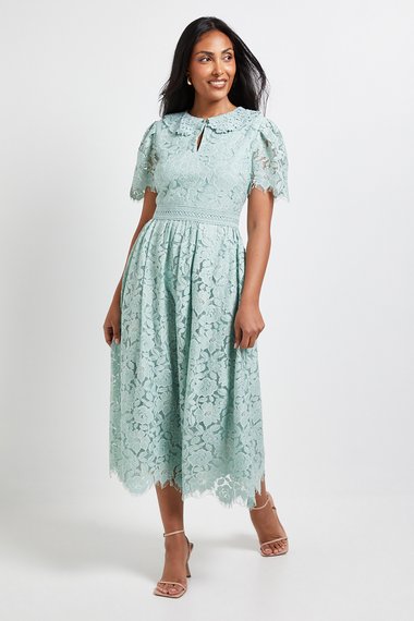 Petite Lace Collared Button Midi Dress