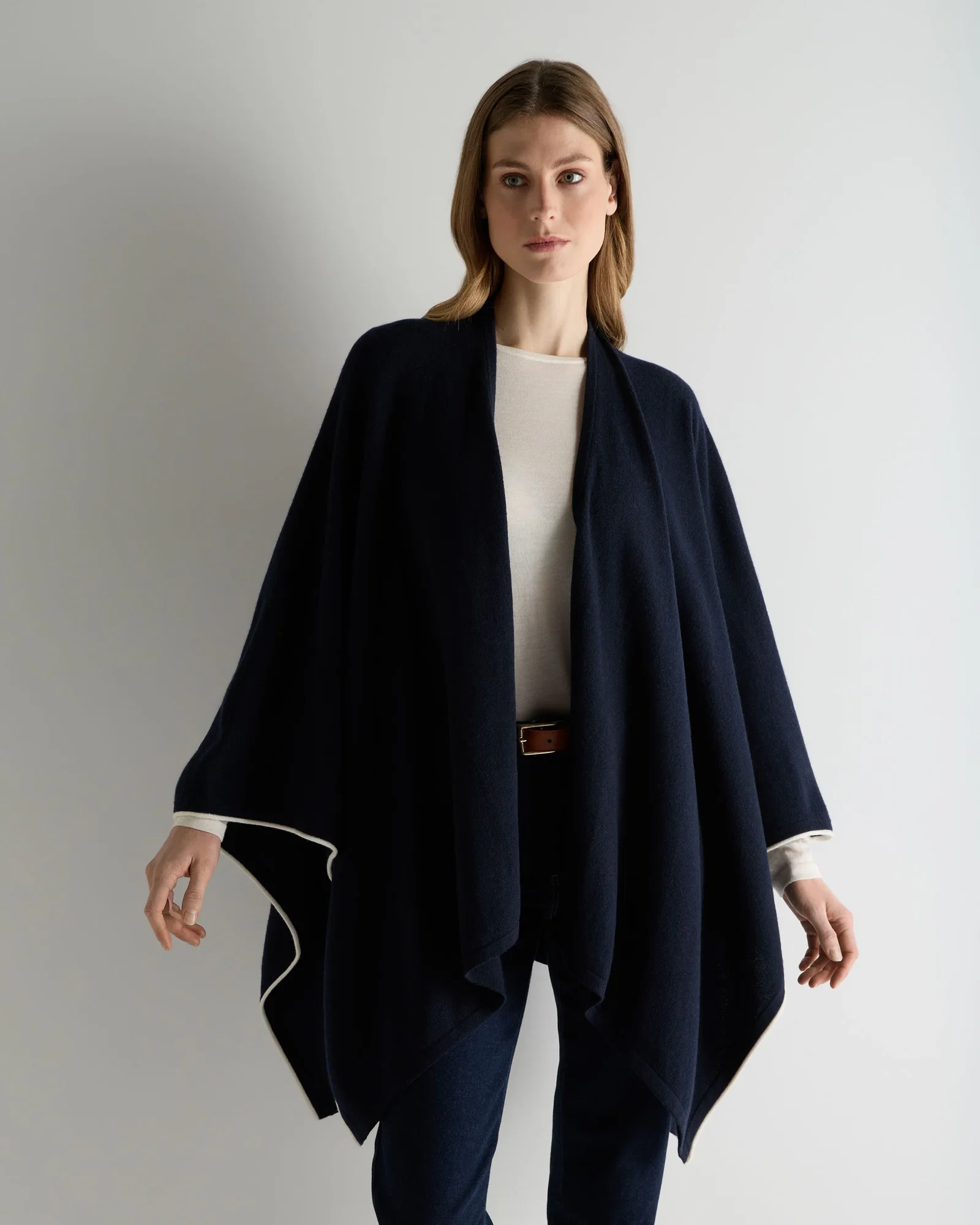 Image of Women's Contrast Trim Cashmere Cape Navy Blue