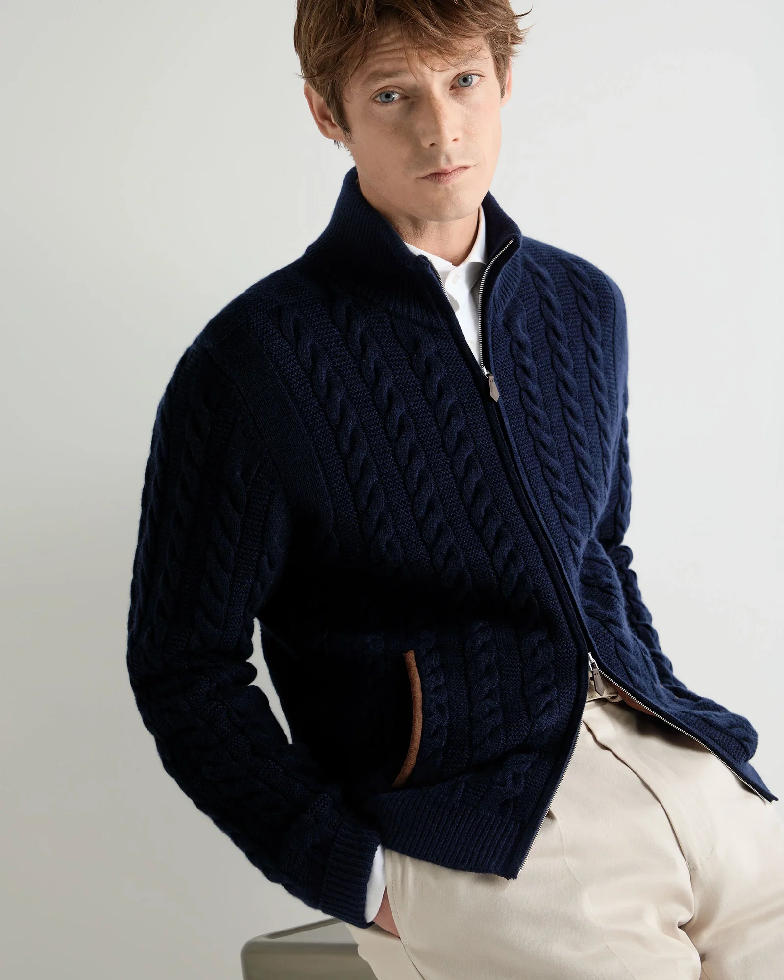 Image of Men's Richmond Cable Cashmere Cardigan Deep French Blue