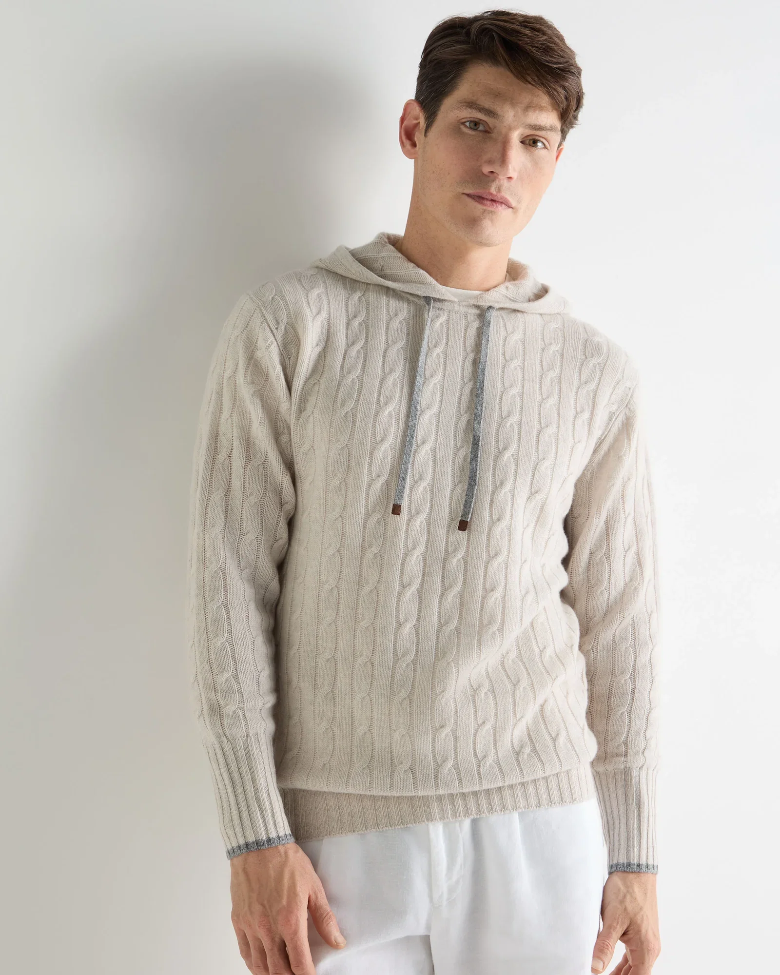 Image of Men's Fitzrovia Cable Cashmere Hoodie Pebble Grey