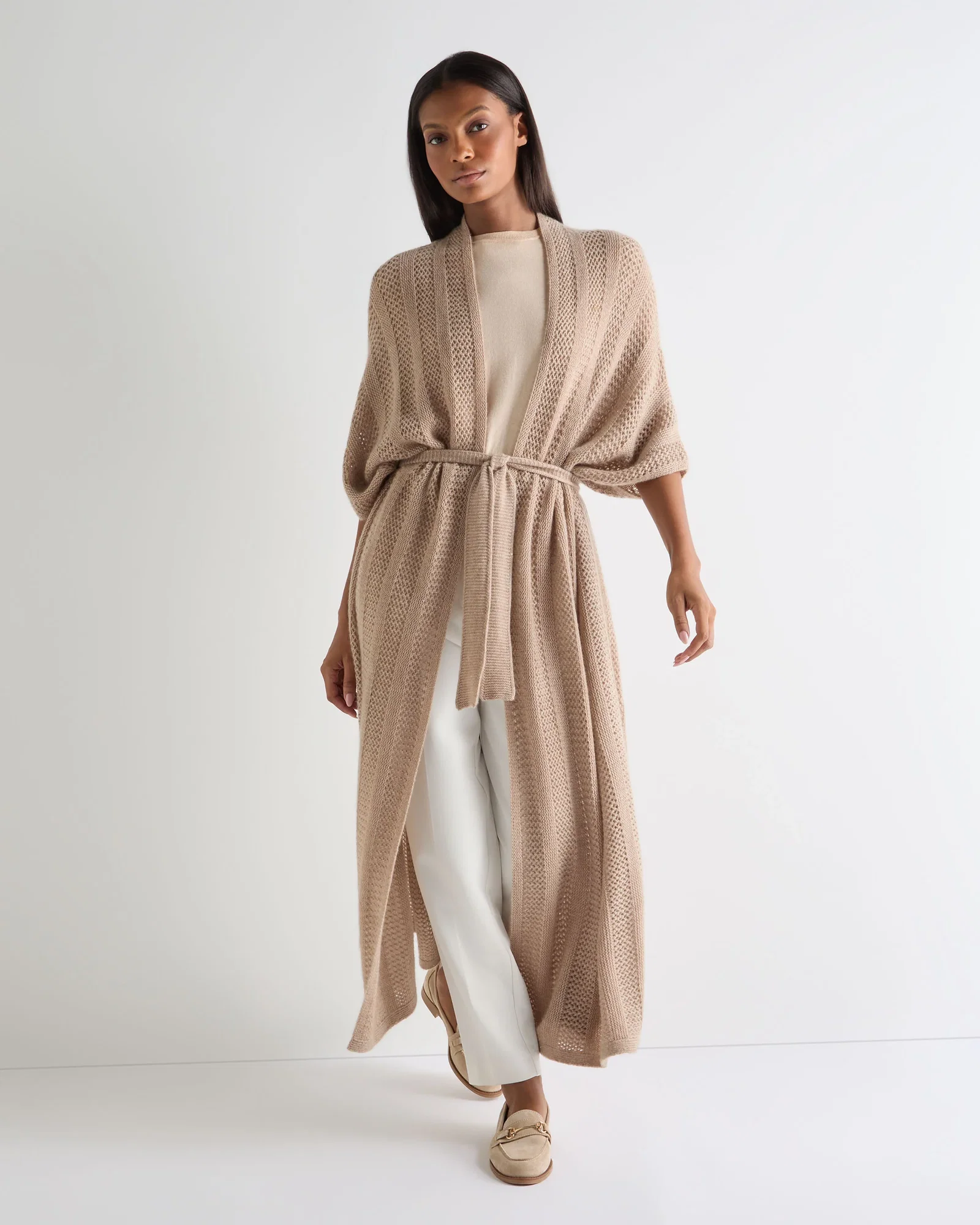 Image of Women's Siren Open Stitch Cashmere Cardigan Tan Brown Sparkle