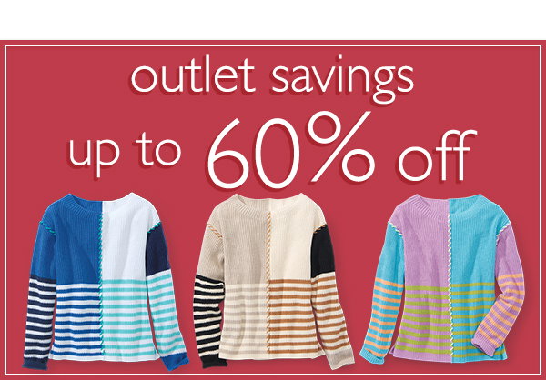 A banner promoting up to 60% off outlet styles at NorthStyle featuring 3 colors of striped knit sweaters.