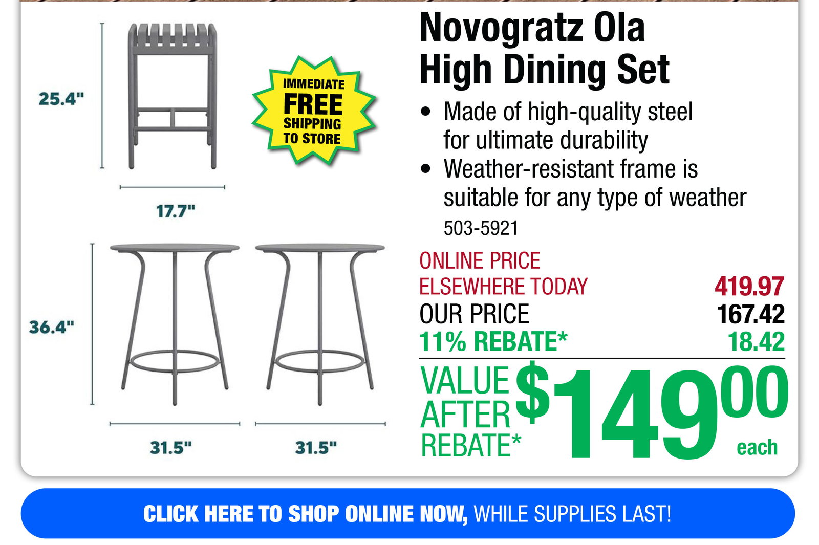 Novogratz Ola High Dining Set - FREE Shipping To Store!
