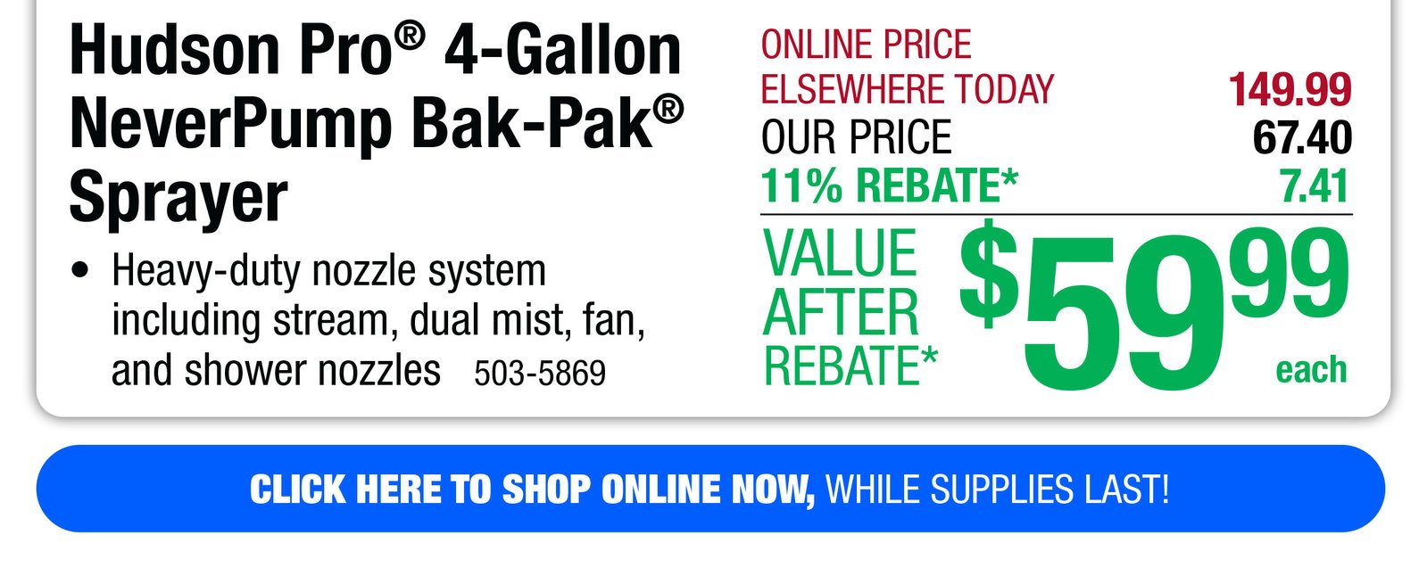 Hudson Pro® 4-Gallon NeverPump Bak-Pak® Sprayer - FREE Shipping To Store!