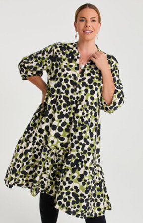 Natural Midi Print Dress in Green Print
