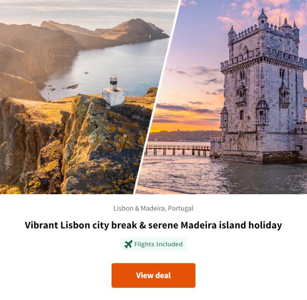 Vibrant Lisbon city break & serene Madeira island holiday
