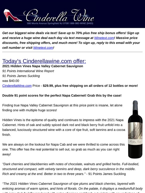 2021 Hidden Vines Napa Valley Cabernet Sauvignon (91 IWR, 91 JS) Free Ship on 12