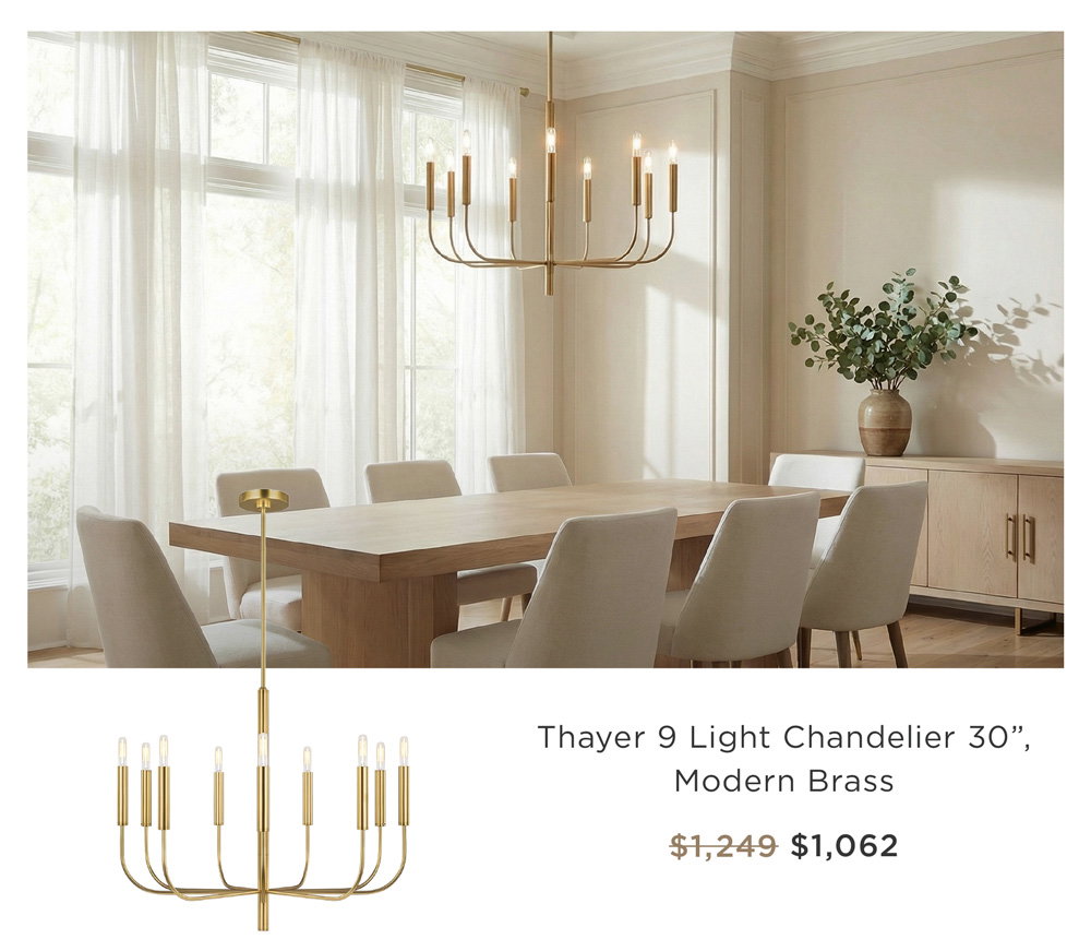 Thayer 9 Light Chandelier 30”, Modern Brass