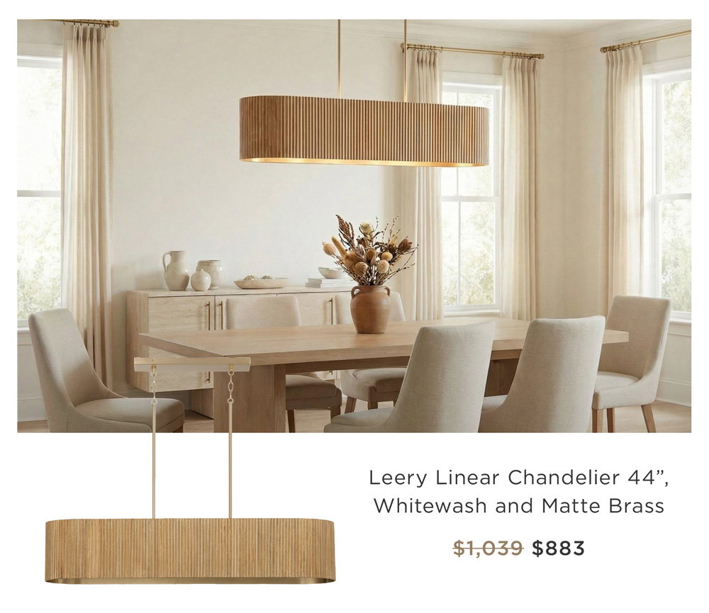 Leery Linear Chandelier 44”, Whitewash and Matte Brass