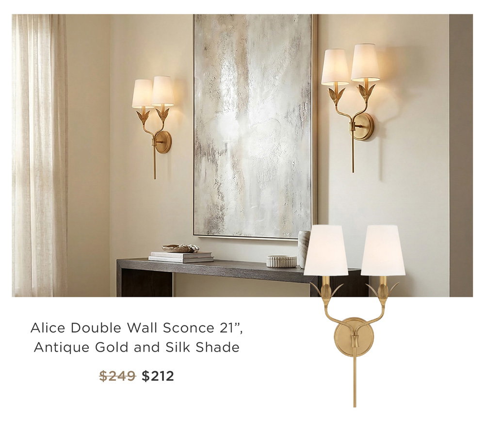 Alice Double Wall Sconce 21”,  Antique Gold and Silk Shade