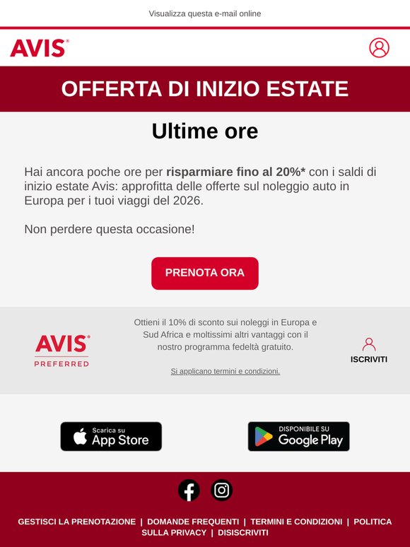 Ultime ore: -20% sul tuo noleggio auto